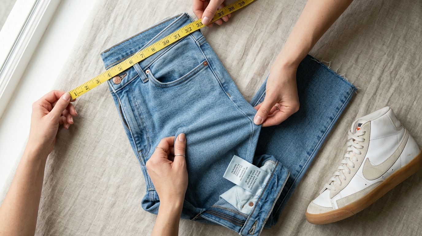 Hands measuring the waist of light blue jeans with a yellow tape, with a Nike sneaker nearby.