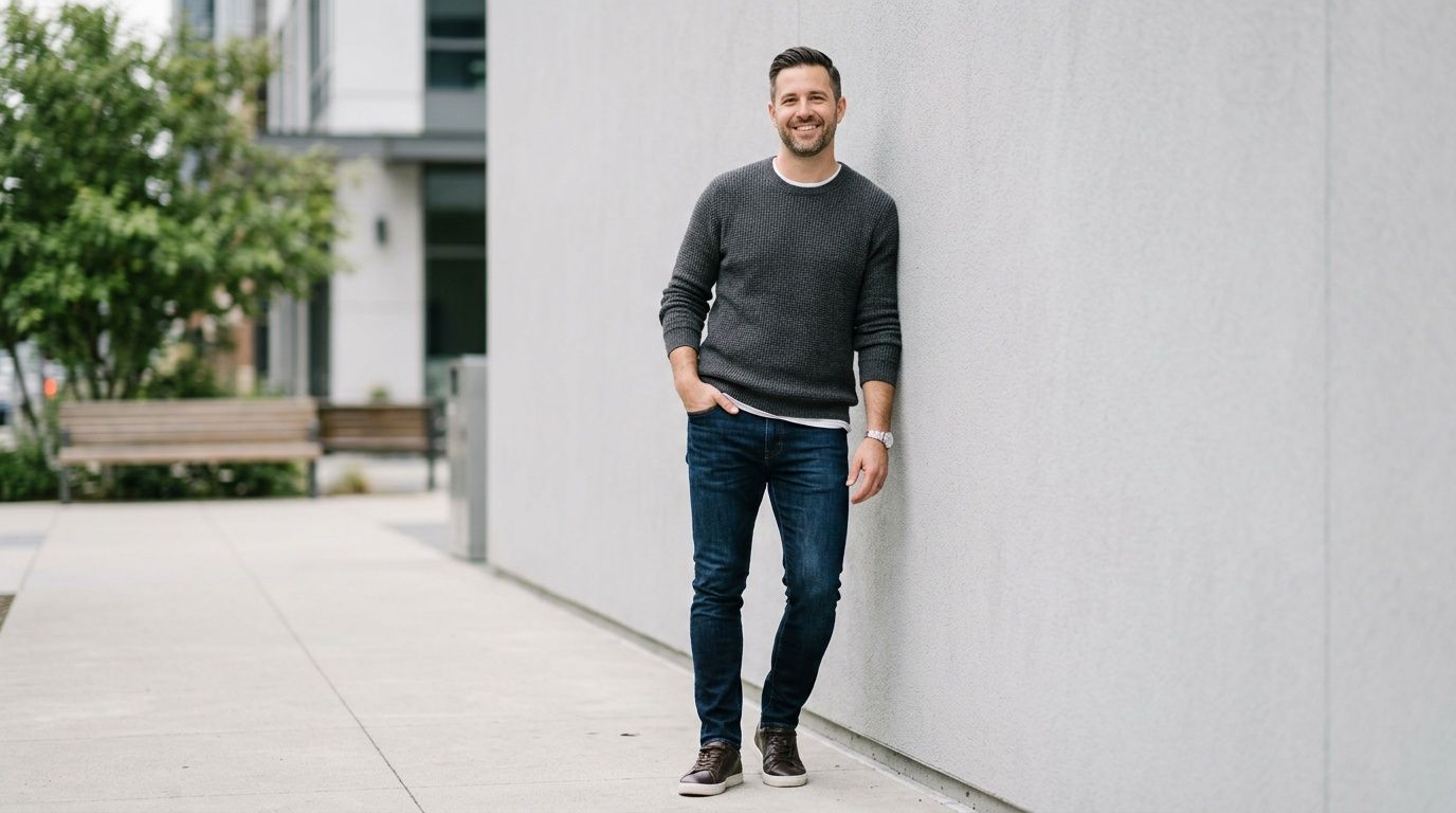 A smiling man in a grey sweater and dark blue skinny jeans leans against a white wall outdoors.