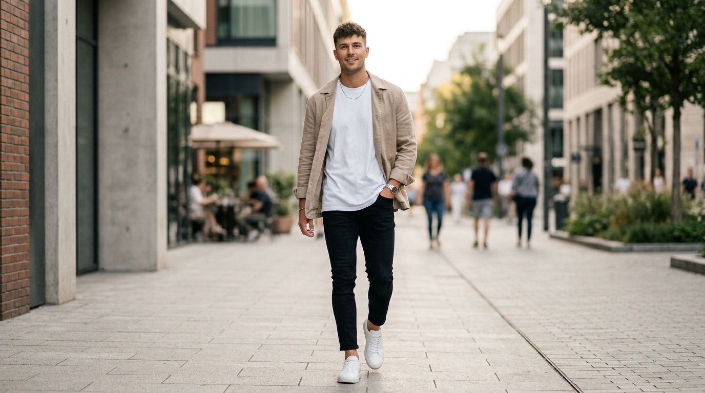 A smiling man walks down a city street in a beige jacket, white tee, black skinny jeans, and white sneakers.