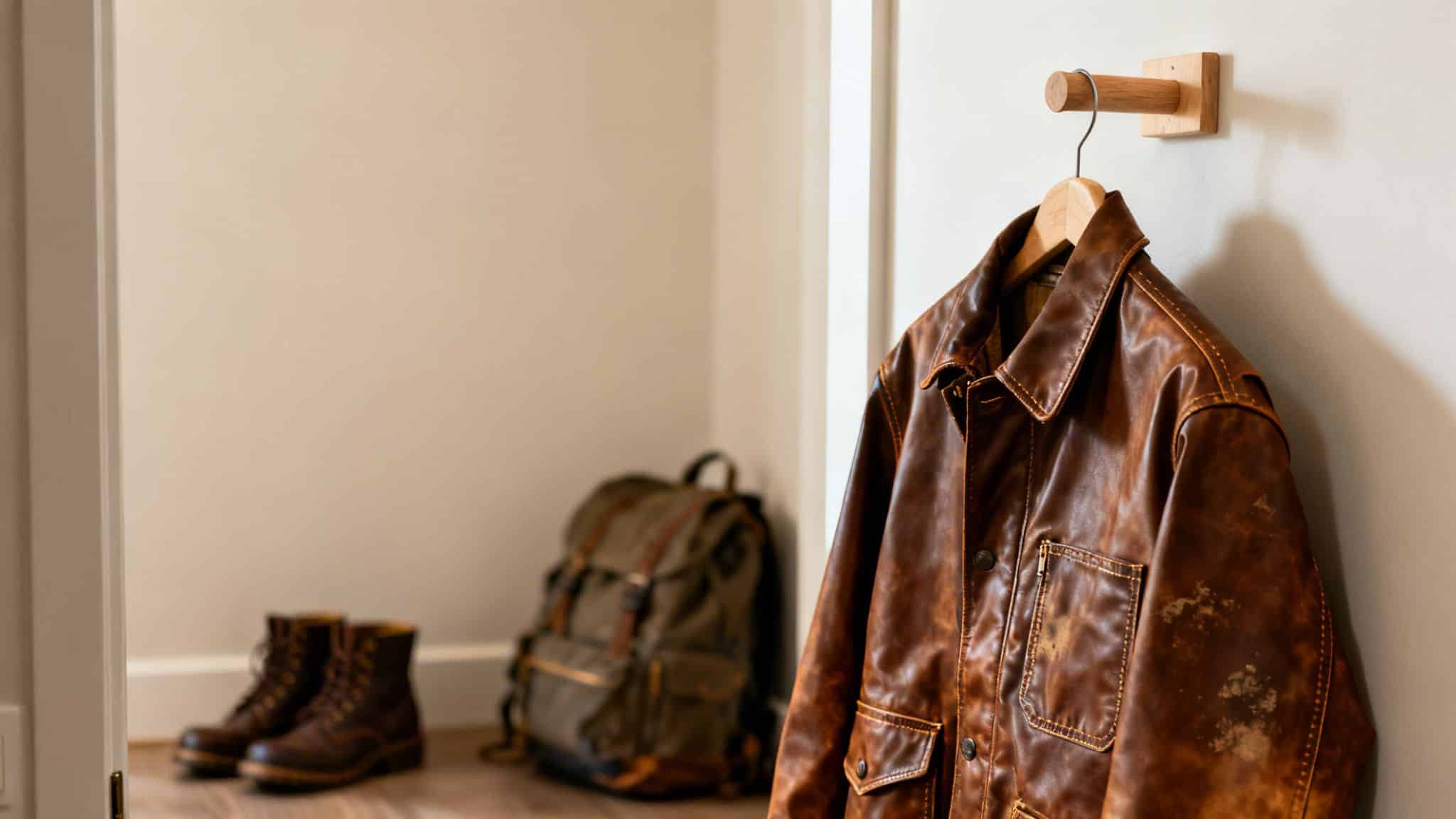 Brown leather jacket hanging on a wall, with boots and backpack in the blurred background.