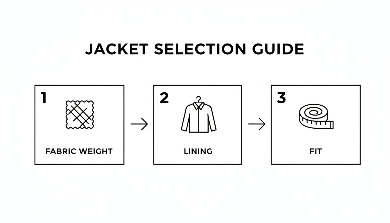 A jacket selection guide outlining three steps: fabric weight, lining, and fit, with corresponding icons.