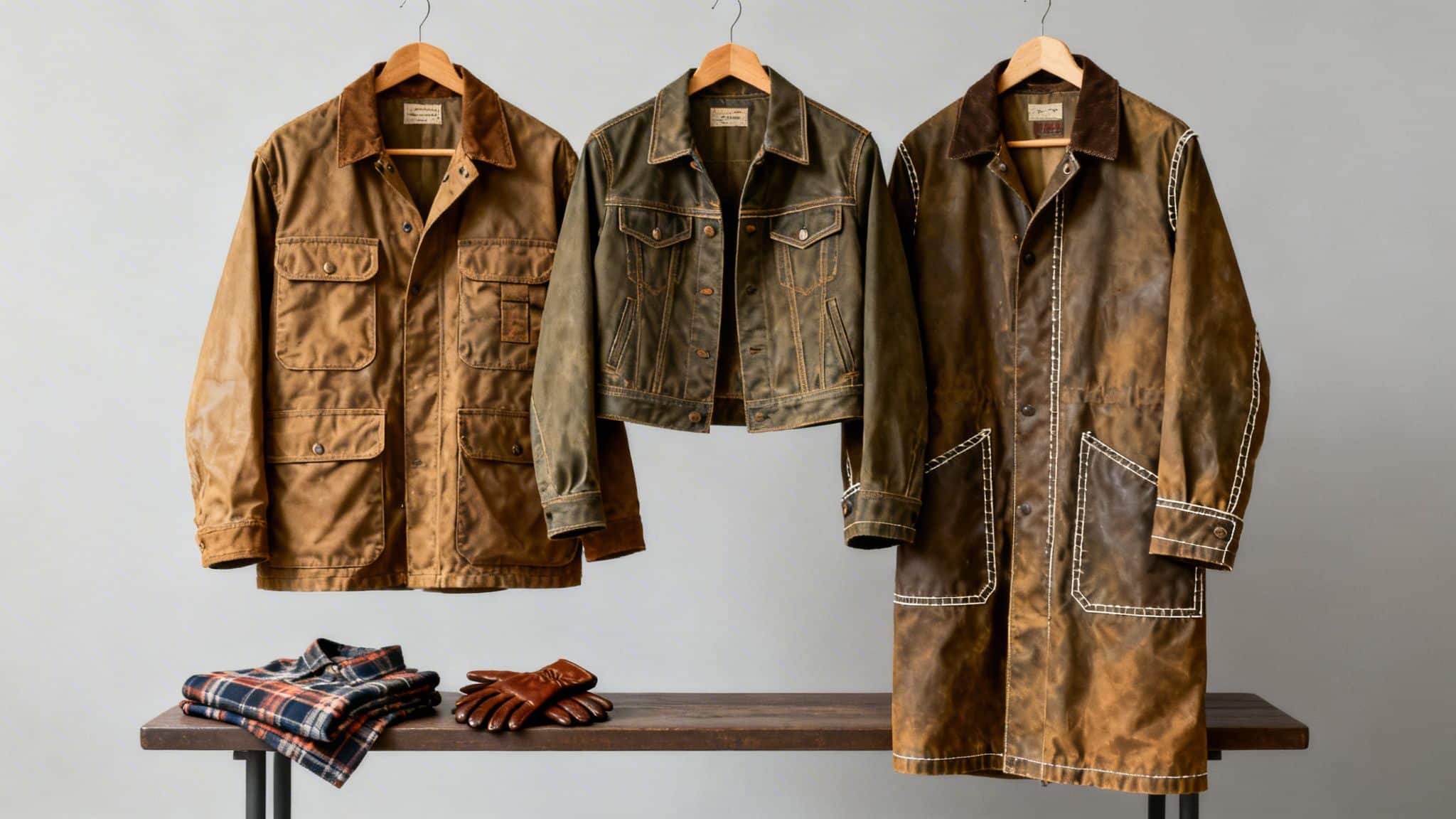 Three men's waxed canvas jackets, a plaid shirt, and leather gloves displayed on a bench.