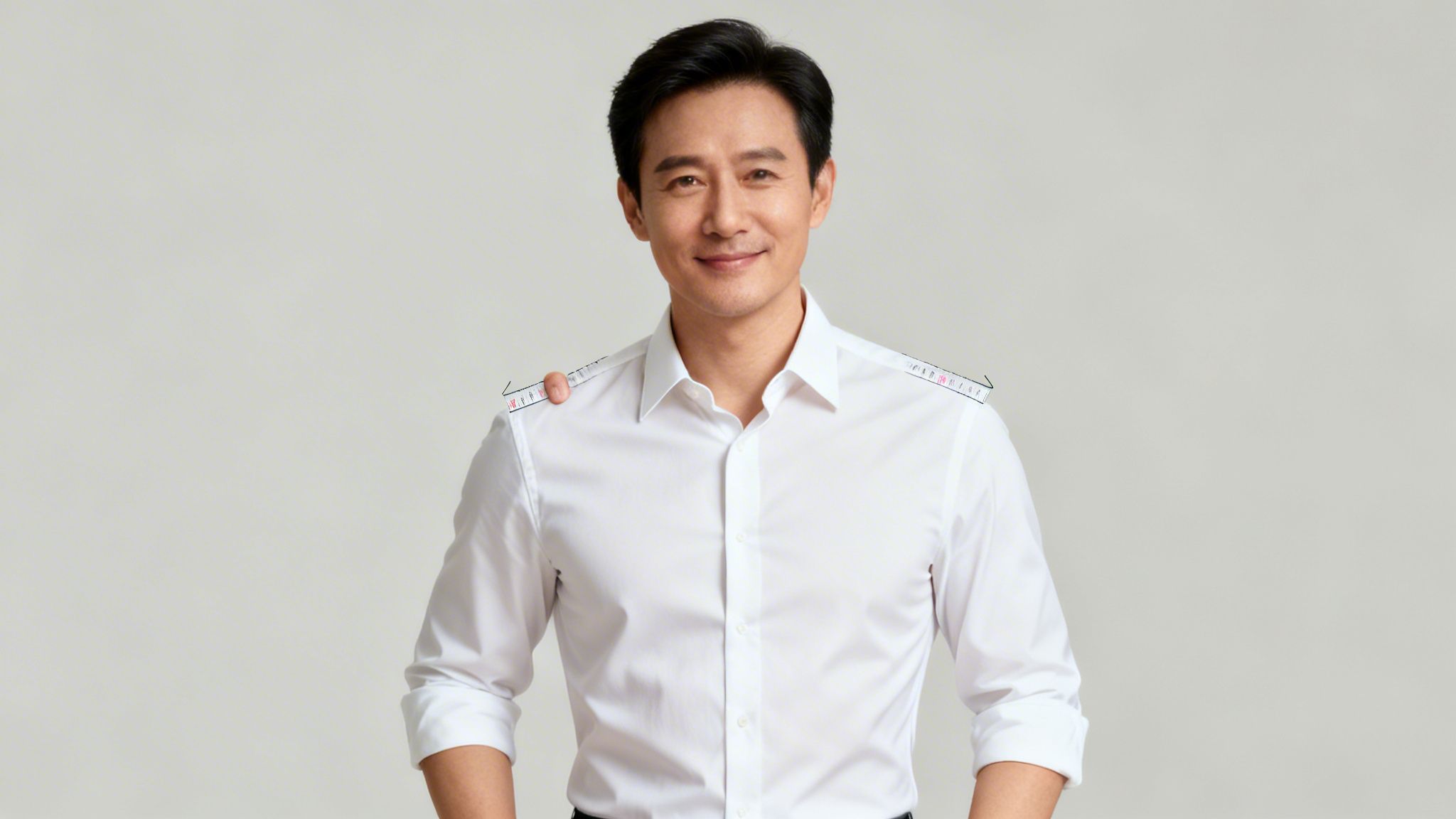 A smiling Asian man in a white long-sleeved business shirt with subtle shoulder markings.