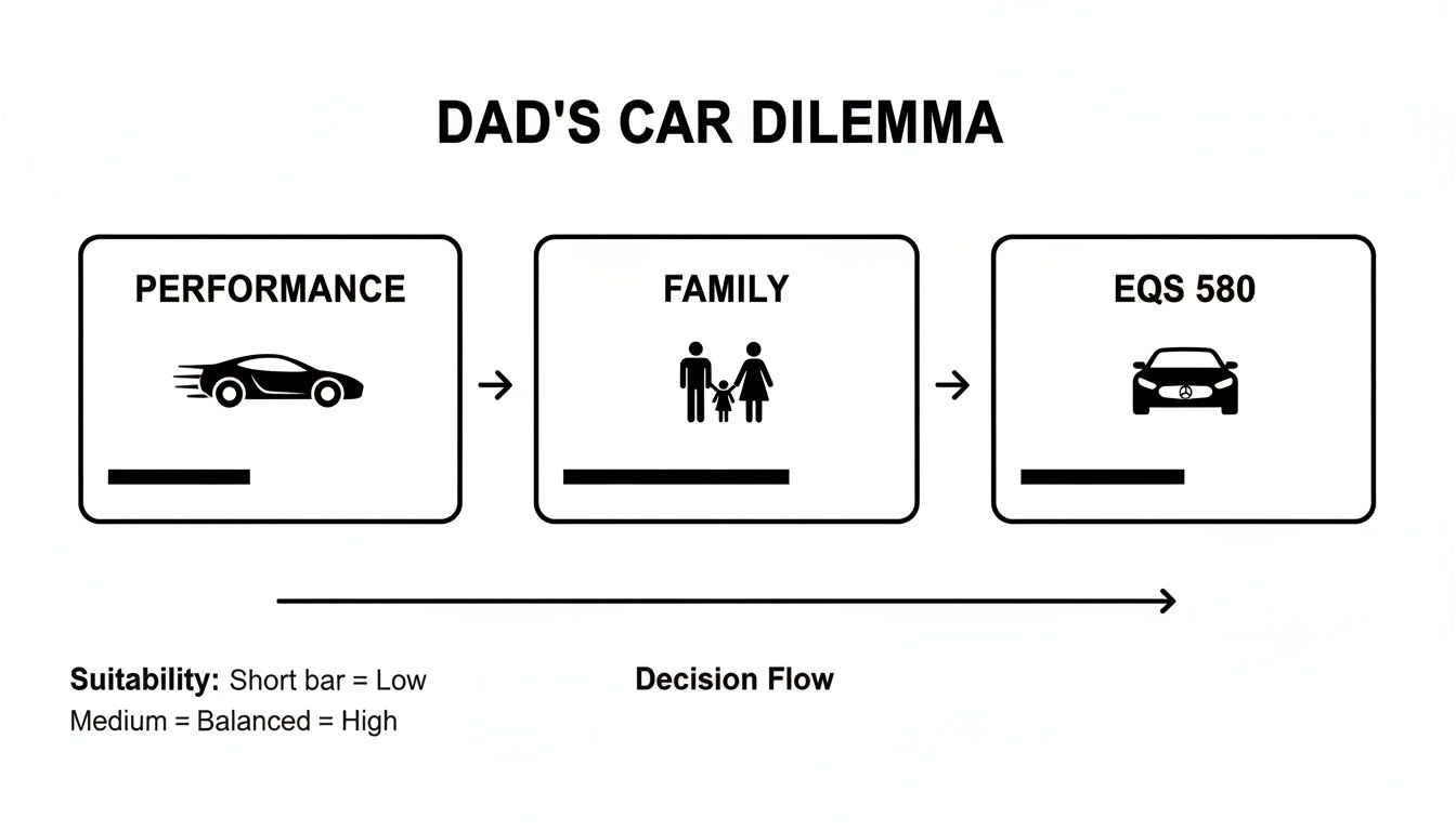 Flowchart illustrating dad's car dilemma: performance (low), family (high), leading to EQS 580 (balanced suitability).