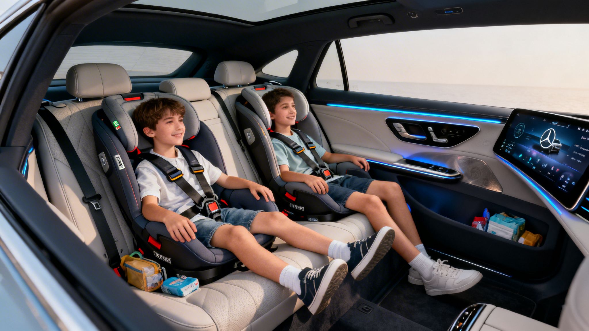 Two happy boys in child seats in a luxurious Mercedes-Benz, enjoying the ride by the sea.
