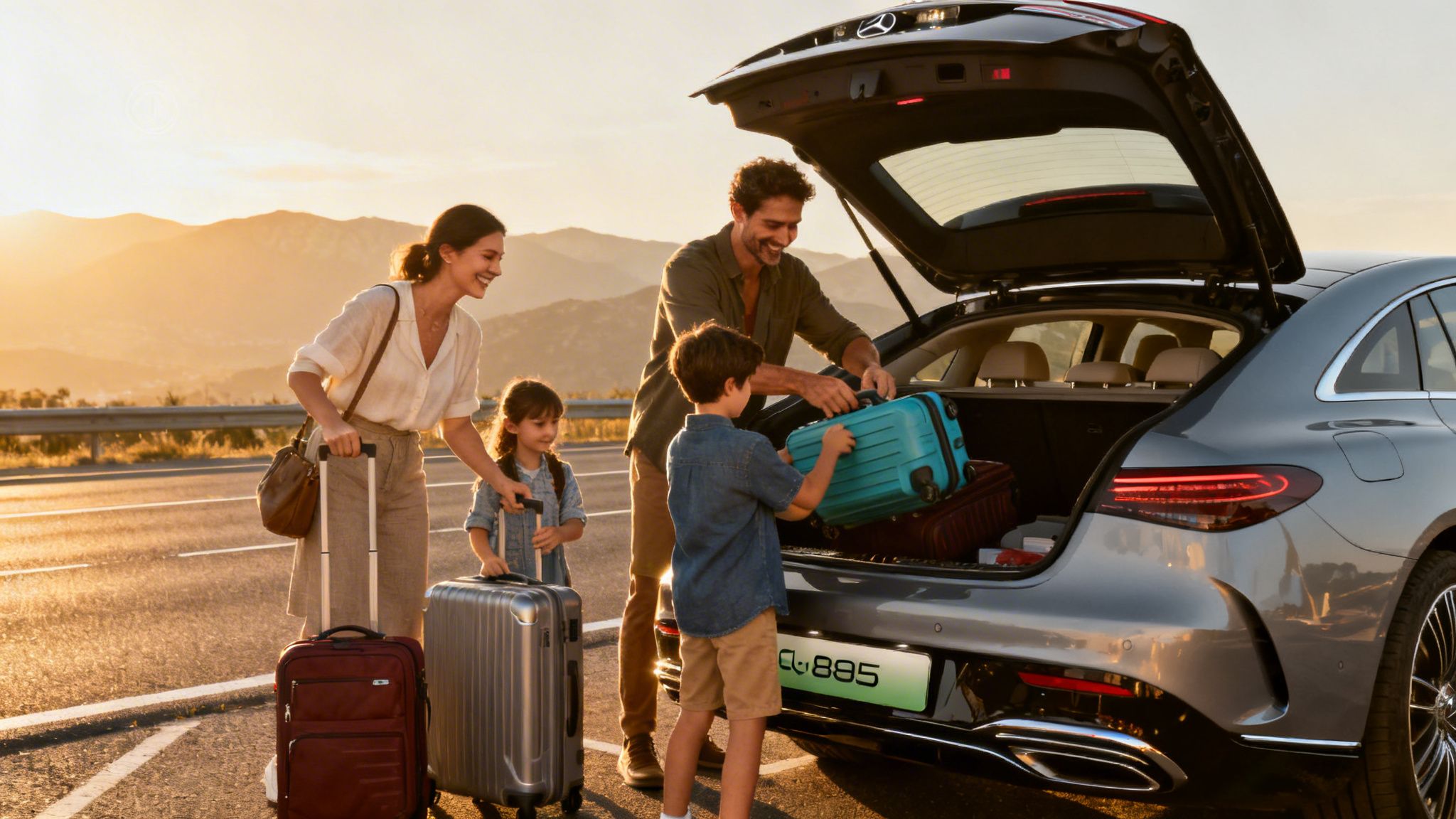 A happy family packs suitcases into the open trunk of a Mercedes-Benz car at sunset.