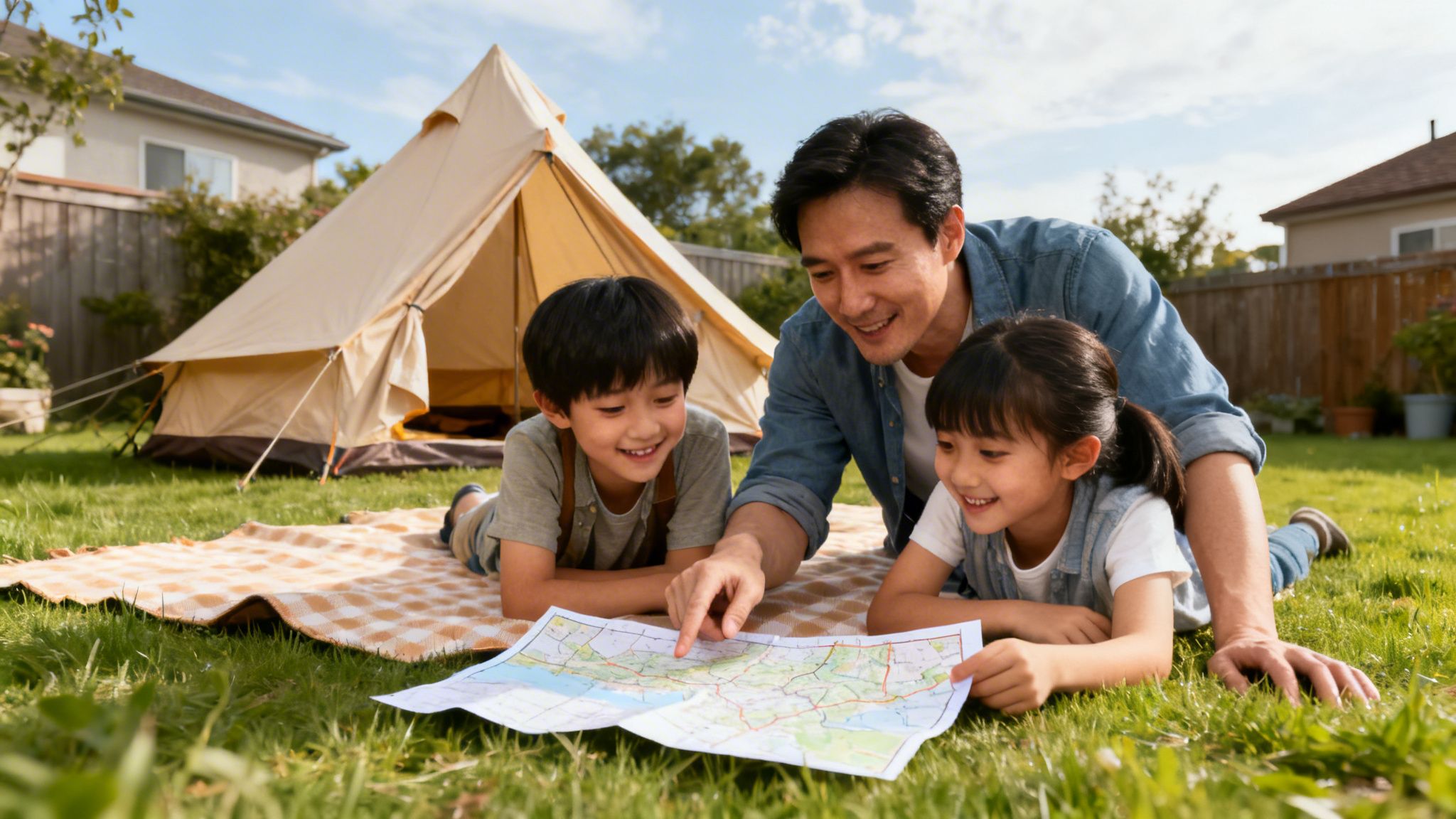 Smiling father and two children studying a map while lying on grass during backyard camping.