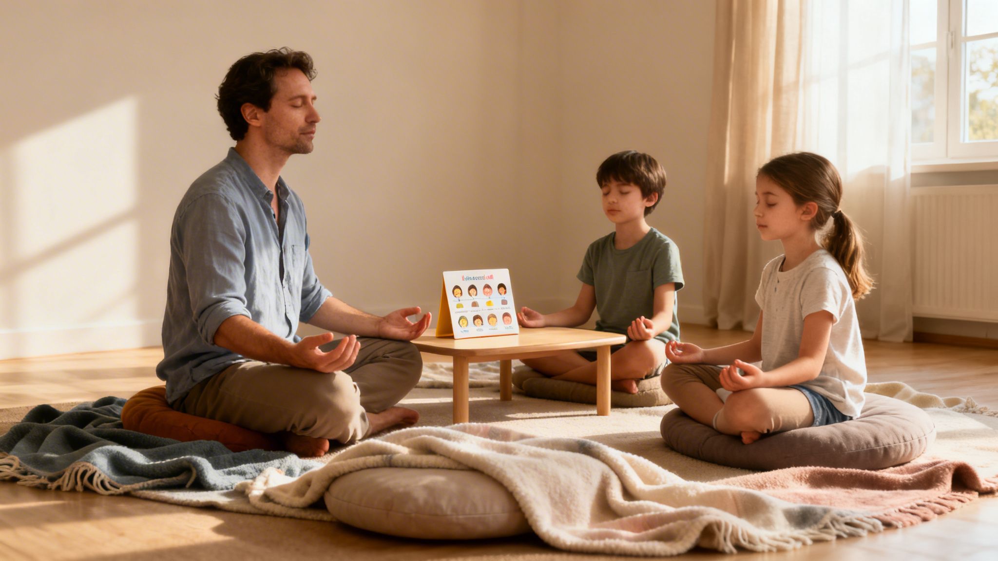A father and two children meditating peacefully on floor cushions, with an emotions chart.