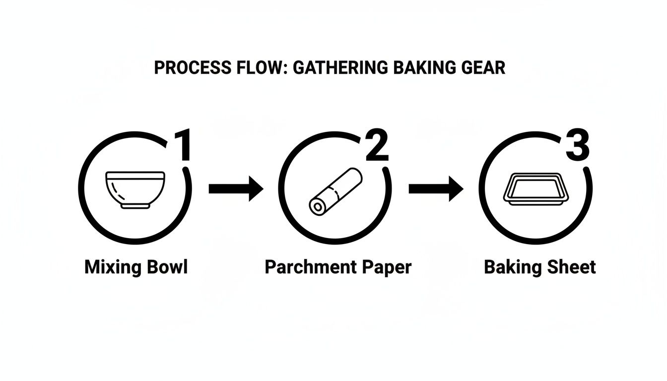 Process flow diagram showing three steps to gather baking gear: mixing bowl, parchment paper, and baking sheet.