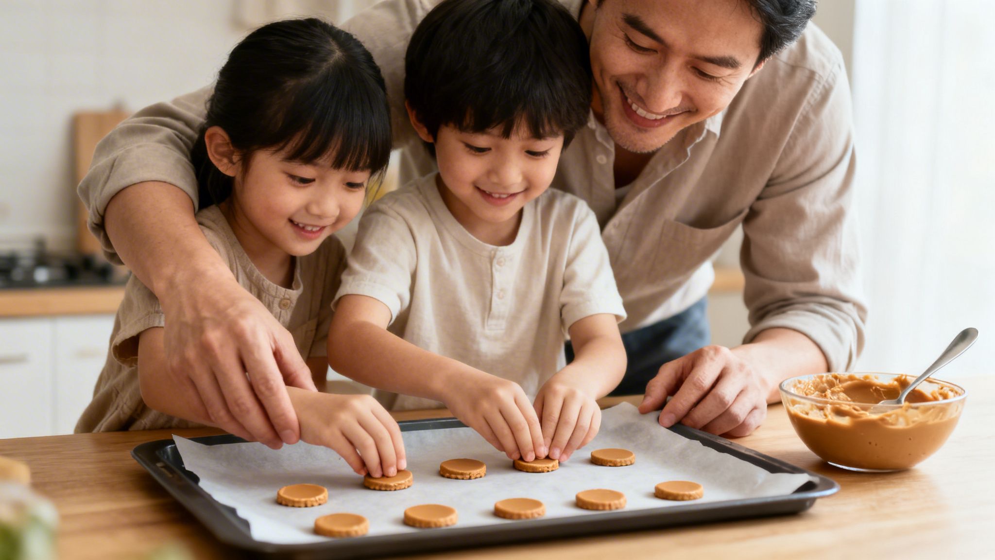A father and two children smiling while placing peanut butter cookie patties on a baking sheet in a kitchen.