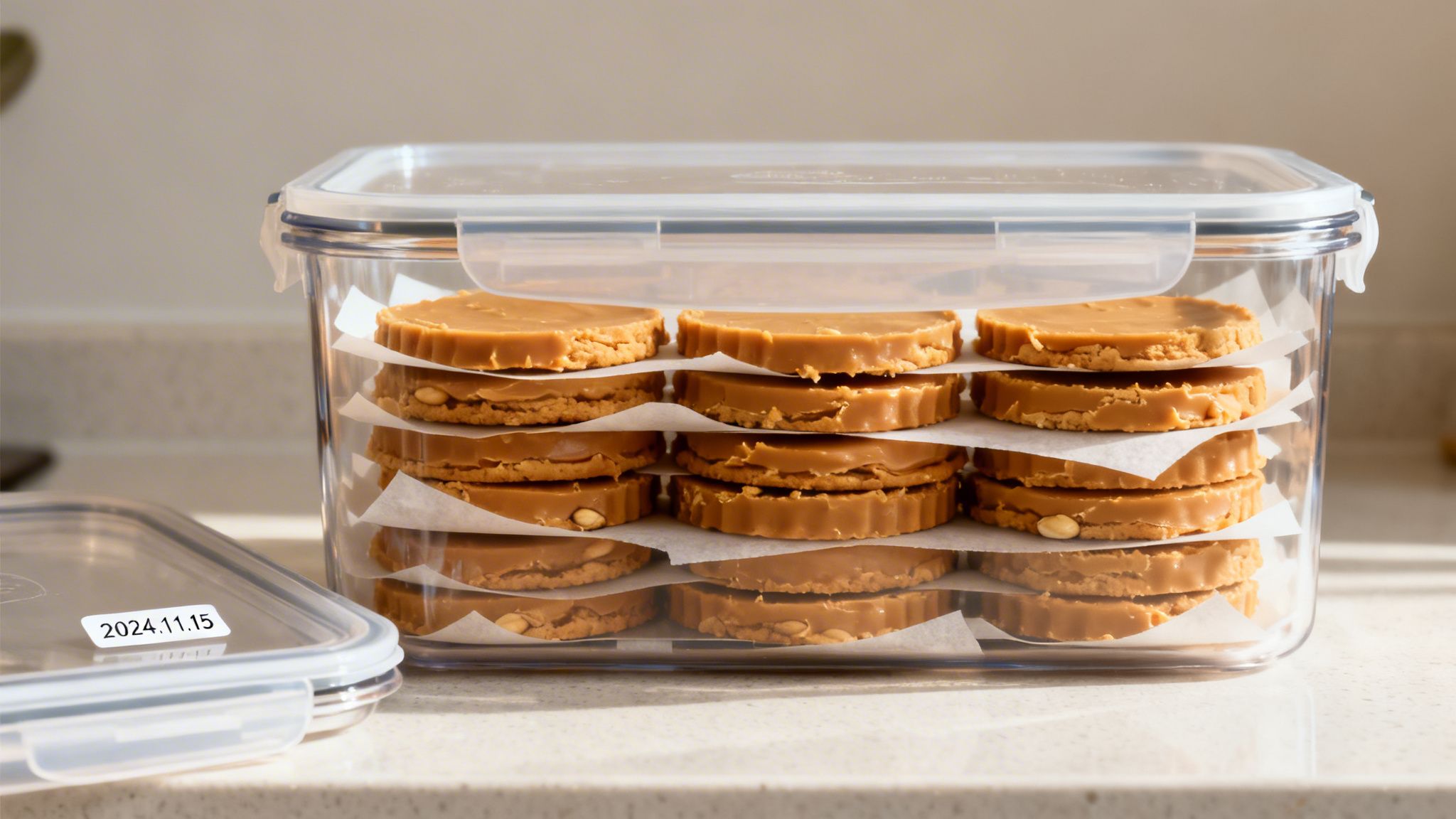 A clear container filled with neat stacks of round peanut butter patties, separated by parchment paper, on a kitchen counter.