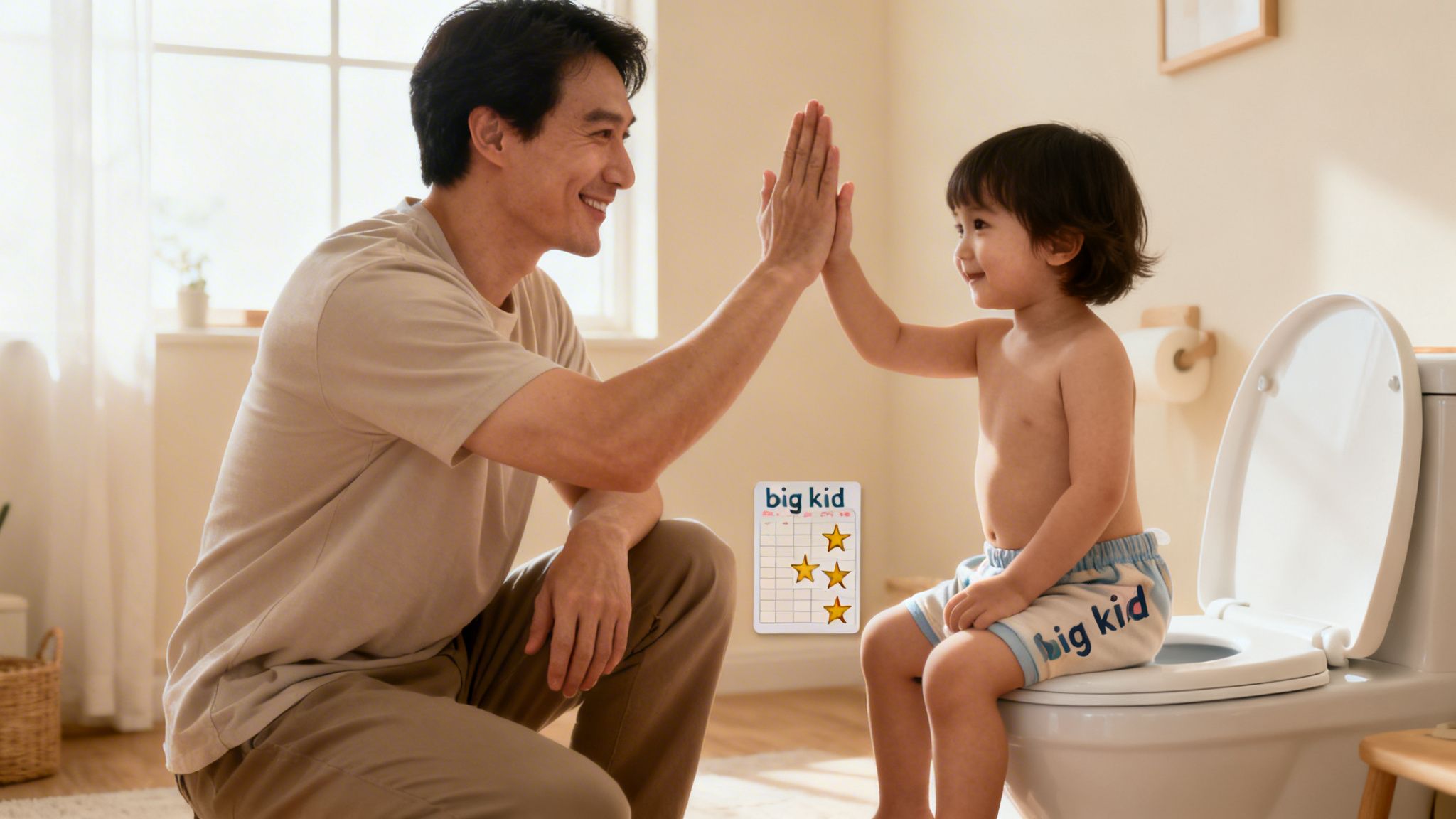 A proud father gives a high-five to his happy toddler on the toilet, celebrating potty training success with a reward chart.