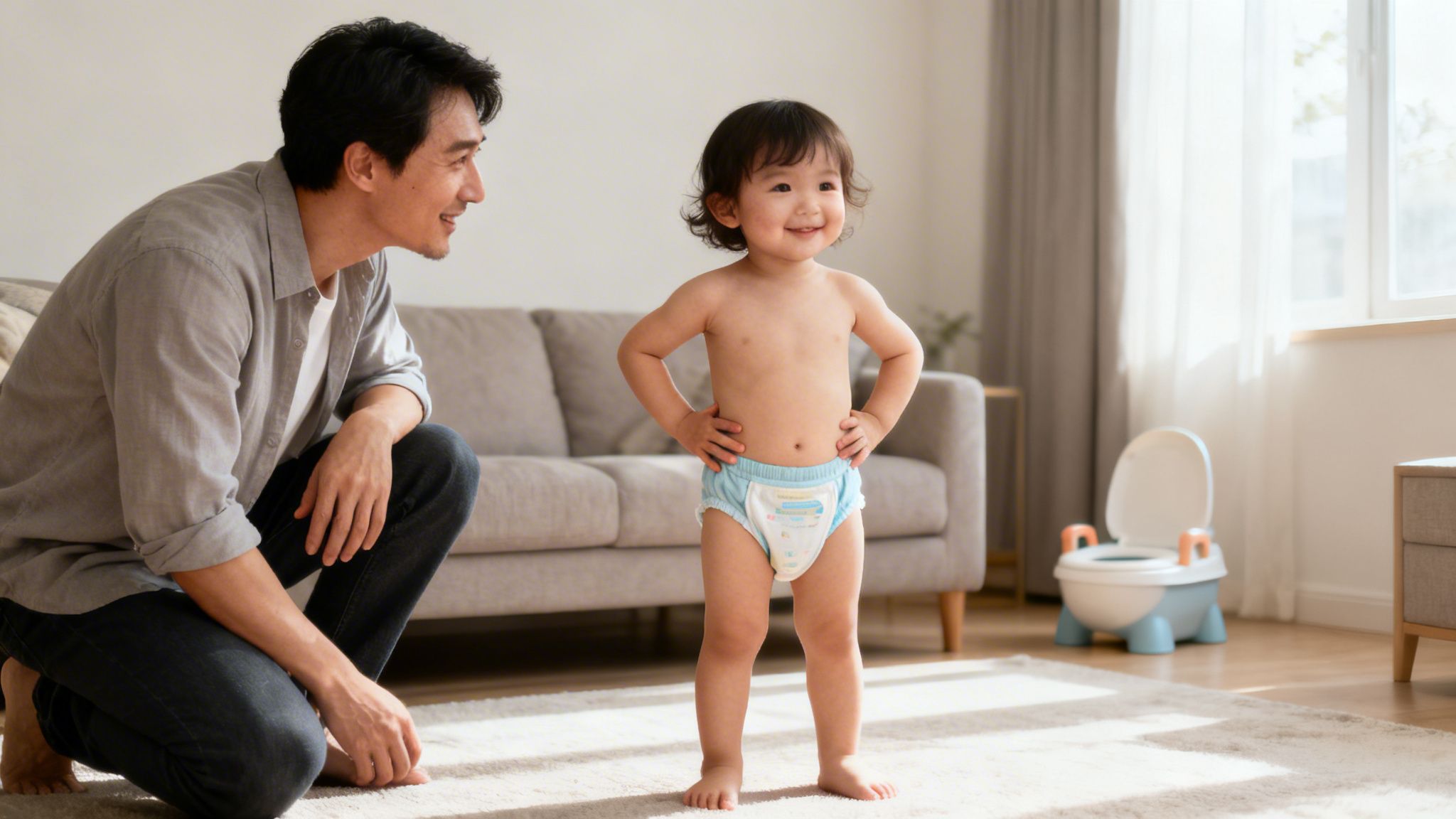 Smiling dad watches his happy toddler in a training diaper, ready for potty time.