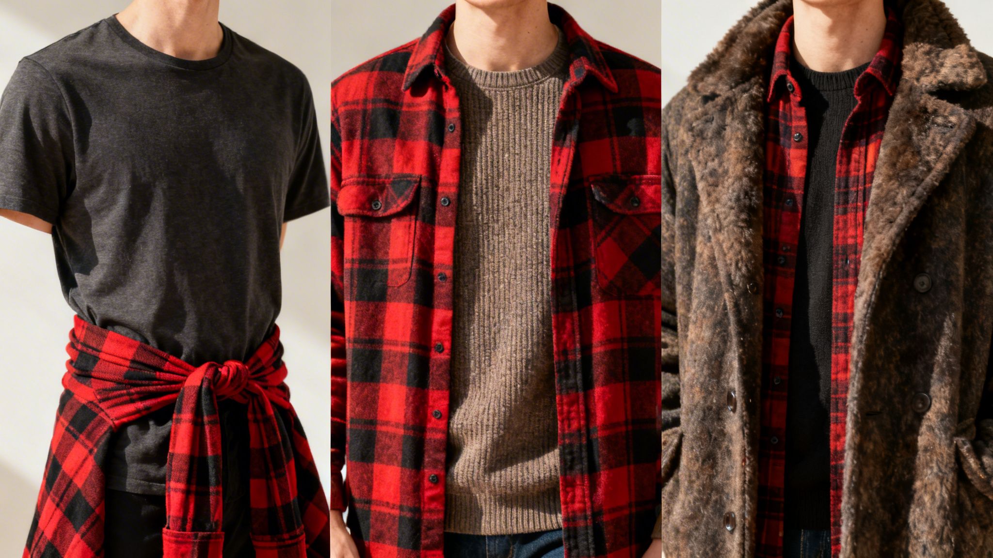Three men showcasing different casual outfits featuring a versatile red and black plaid flannel shirt.