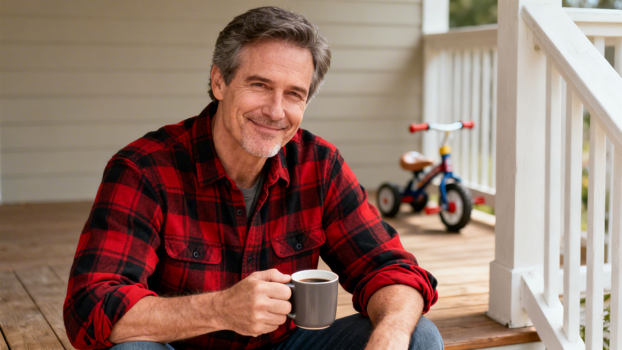 A smiling man in a red and black plaid flannel shirt sits on a porch, holding a coffee mug.