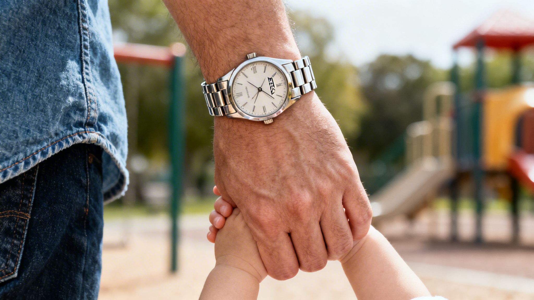 Close-up of an adult's hand wearing a watch holding a child's hand at a playground.