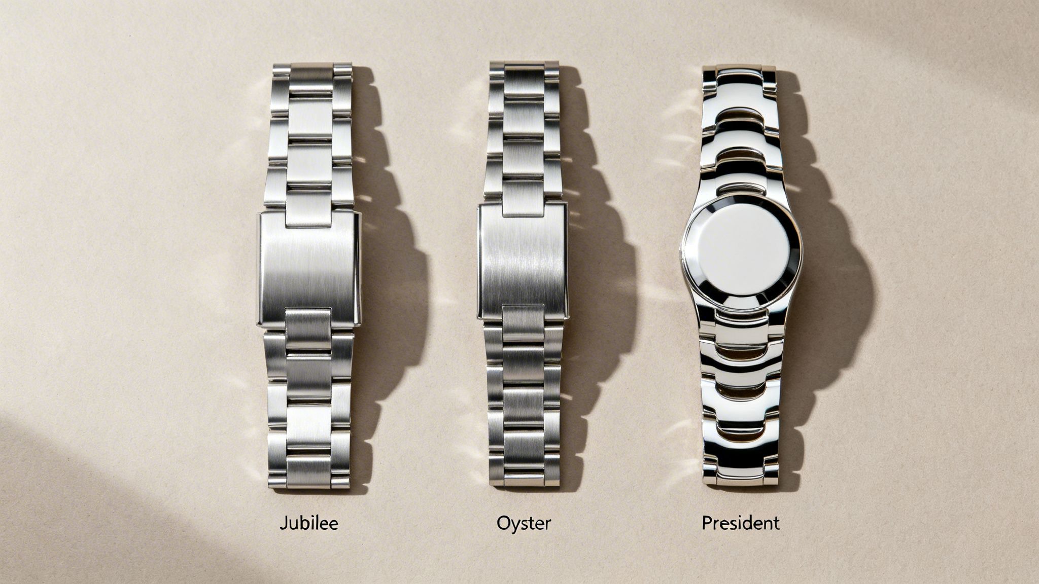 Three silver watch bracelets, Jubilee, Oyster, and President, neatly displayed on a beige surface.