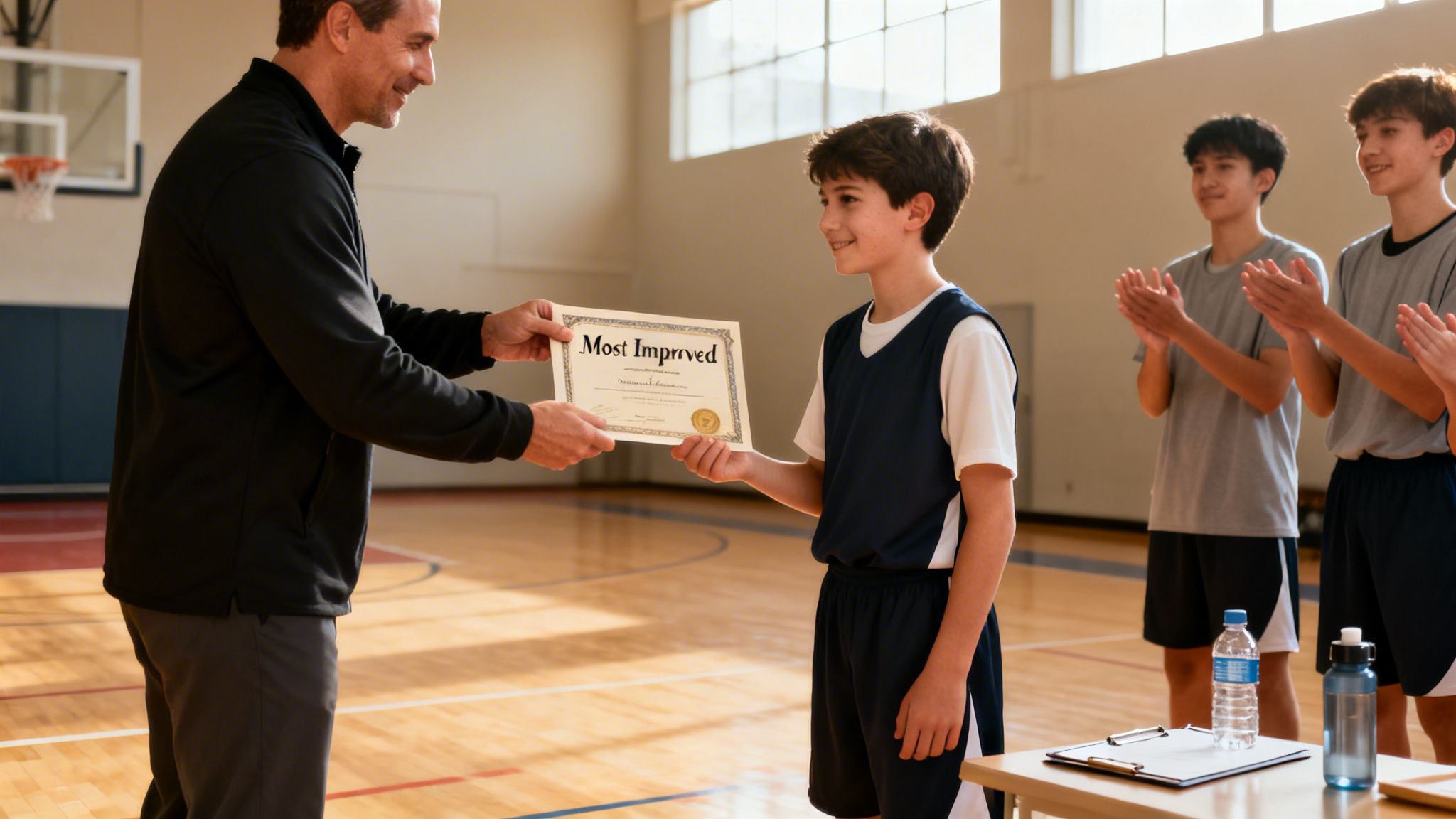 A basketball coach awards a 'Most Improved' certificate to a smiling young player, with teammates applauding.