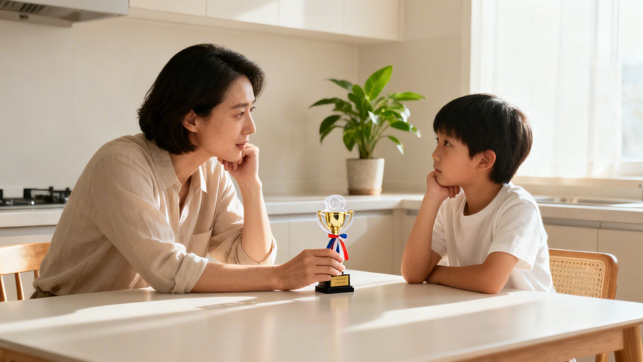 A mother and son discuss a small trophy with a red, white, and blue ribbon.