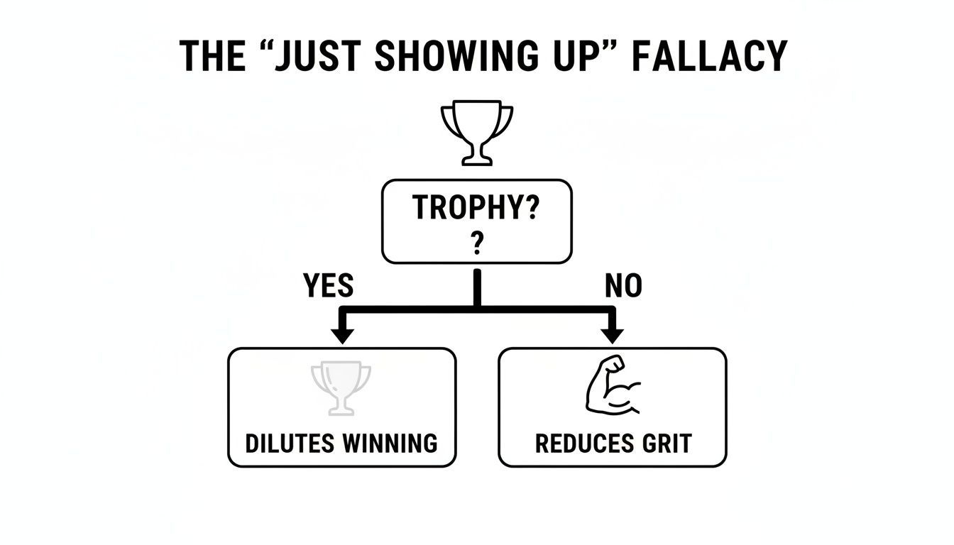 A flowchart about the 'Just Showing Up' Fallacy, questioning trophies and their impact.