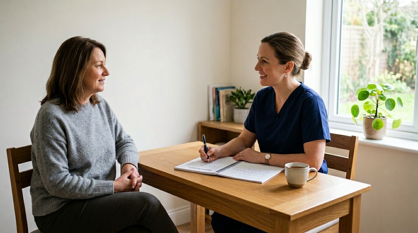 A healthcare professional in blue scrubs consults with a smiling female patient at a wooden table.