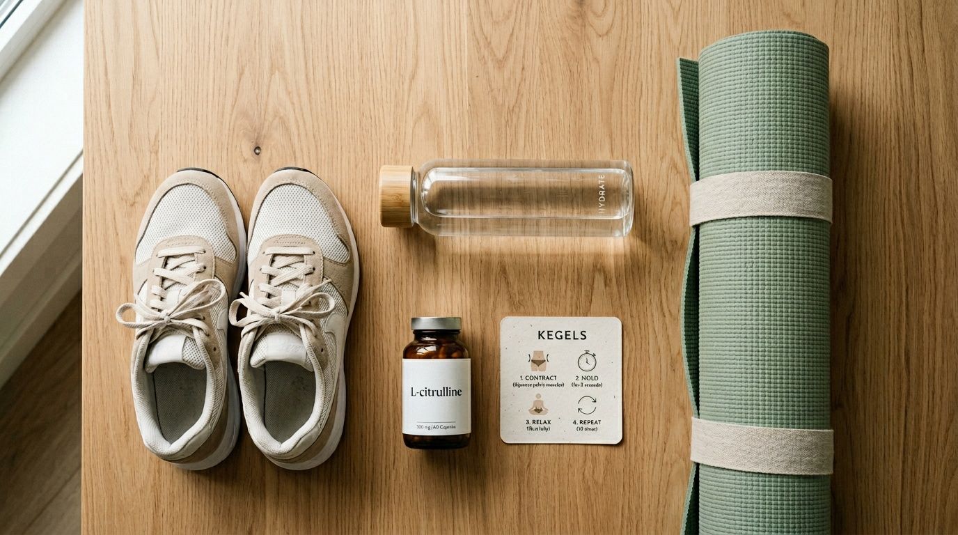 Overhead view of fitness gear: sneakers, water bottle, L-citrulline supplements, Kegels card, and a yoga mat on wood.