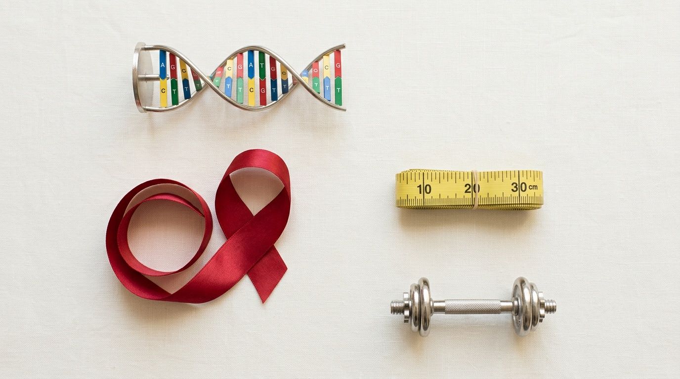 A flat lay of health-related items including a DNA model, red awareness ribbon, measuring tape, and a dumbbell, on a white background.
