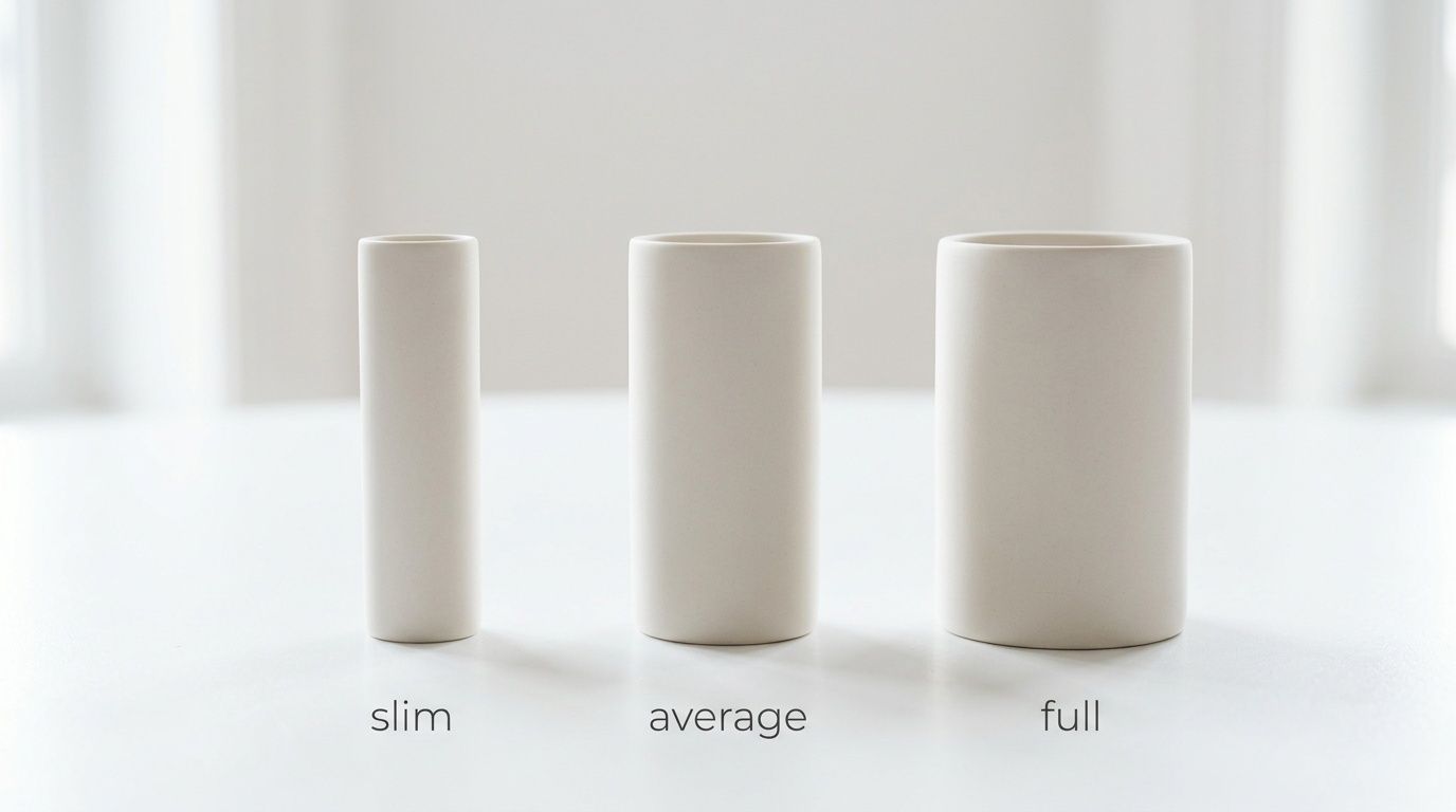 Three white cylindrical vases of slim, average, and full widths on a clean white surface.