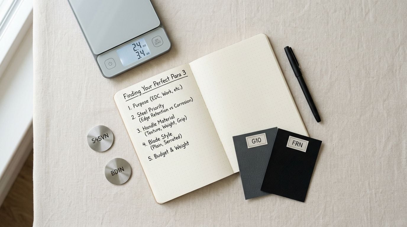 Overhead shot of knife selection items: a notebook listing Para 3 criteria, a scale, steel and handle material samples.