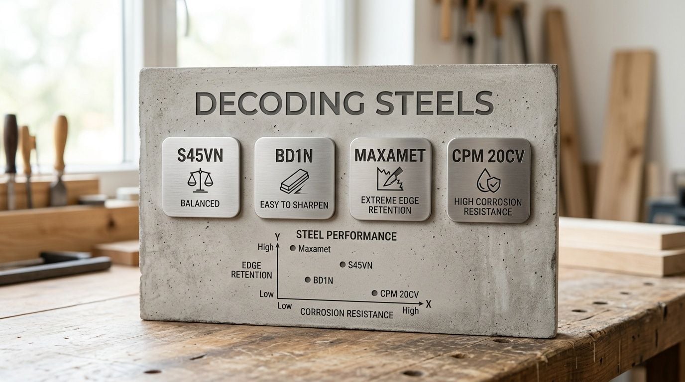 A concrete display decoding steels, showing properties of S45VN, BD1N, Maxamet, and CPM 20CV, including a performance chart.