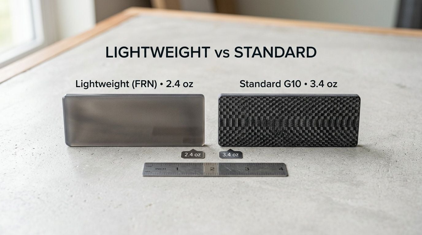 Comparison of lightweight FRN (2.4 oz) and standard G10 (3.4 oz) knife scales with a ruler.