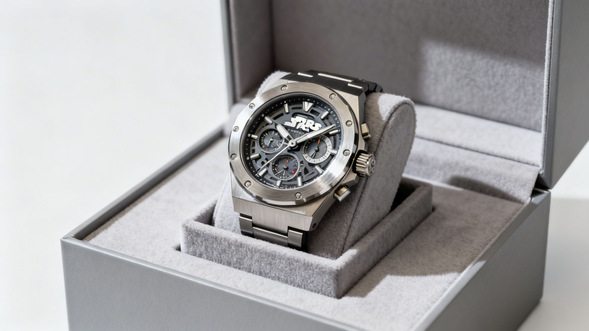 A sleek silver Star Wars chronograph watch with a detailed dial, displayed in an open grey box.