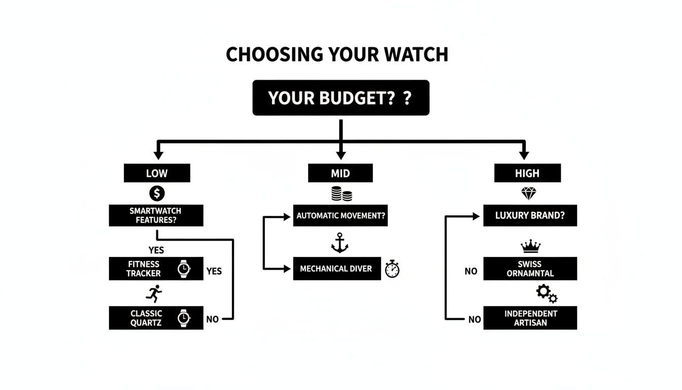Flowchart guiding watch choice based on budget, features, and movement type.