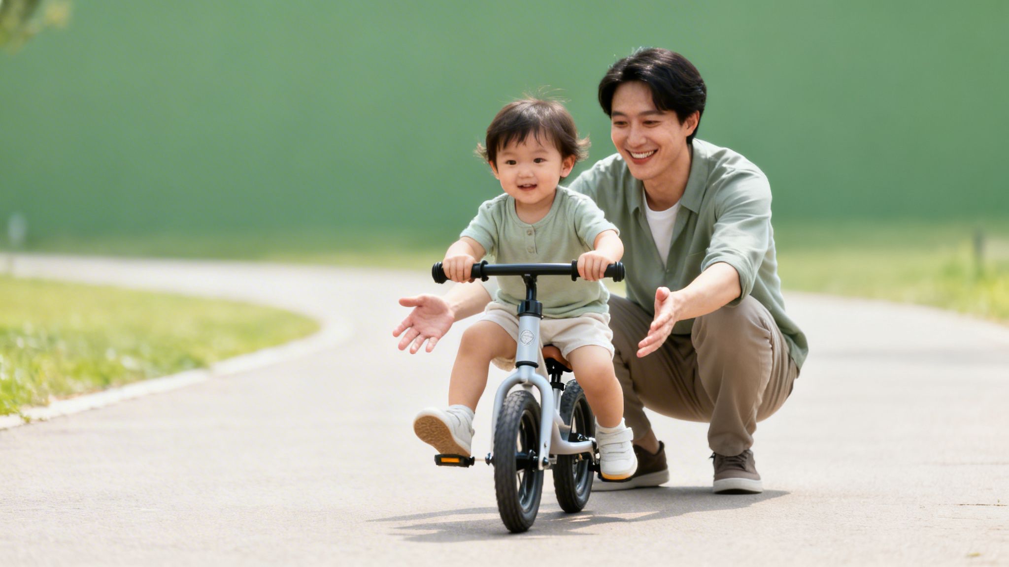 A happy father helps his smiling toddler learn to ride a balance bike outdoors.