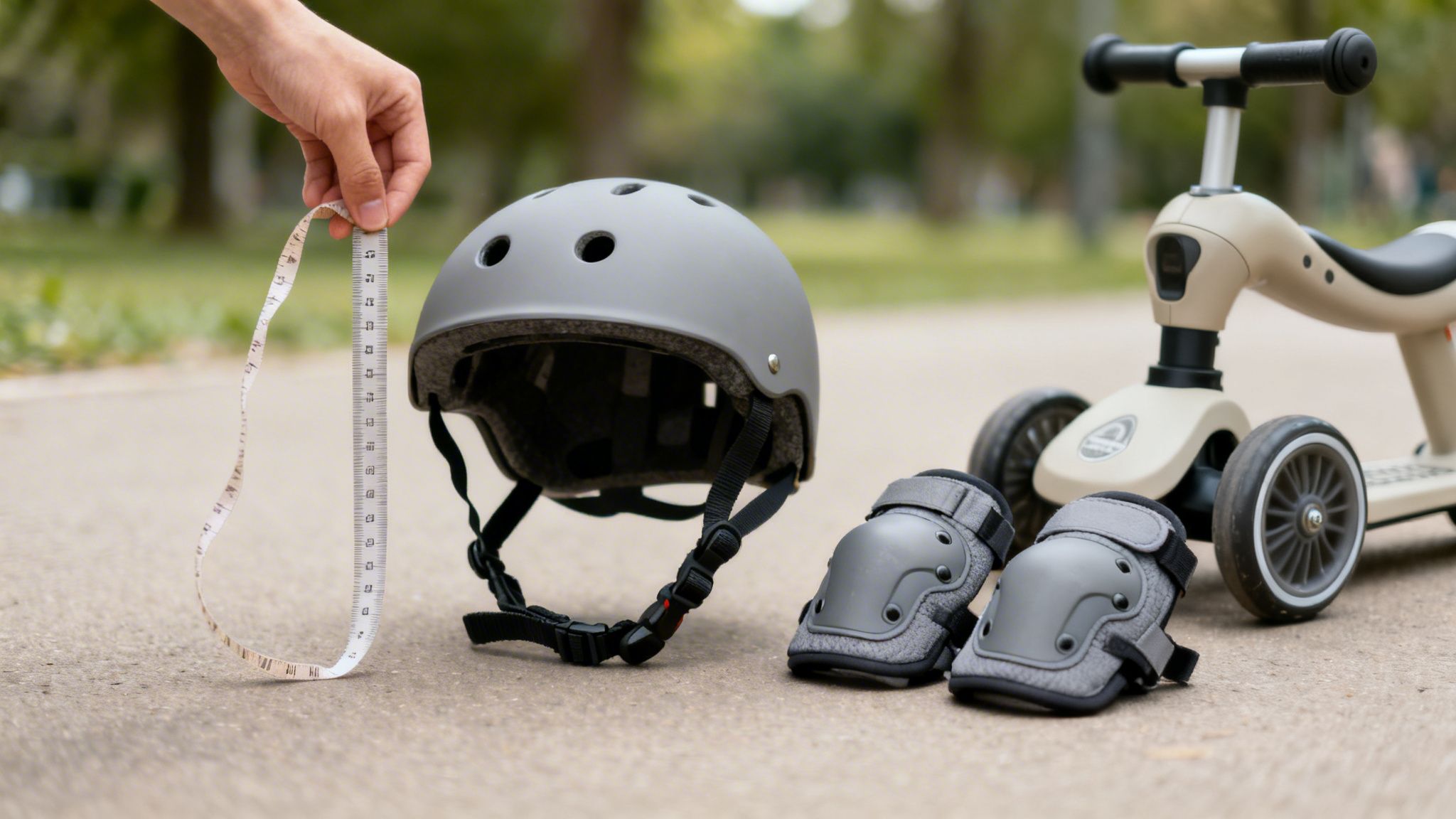 Hand measuring a grey safety helmet next to knee pads and a beige toddler push bike on a path.