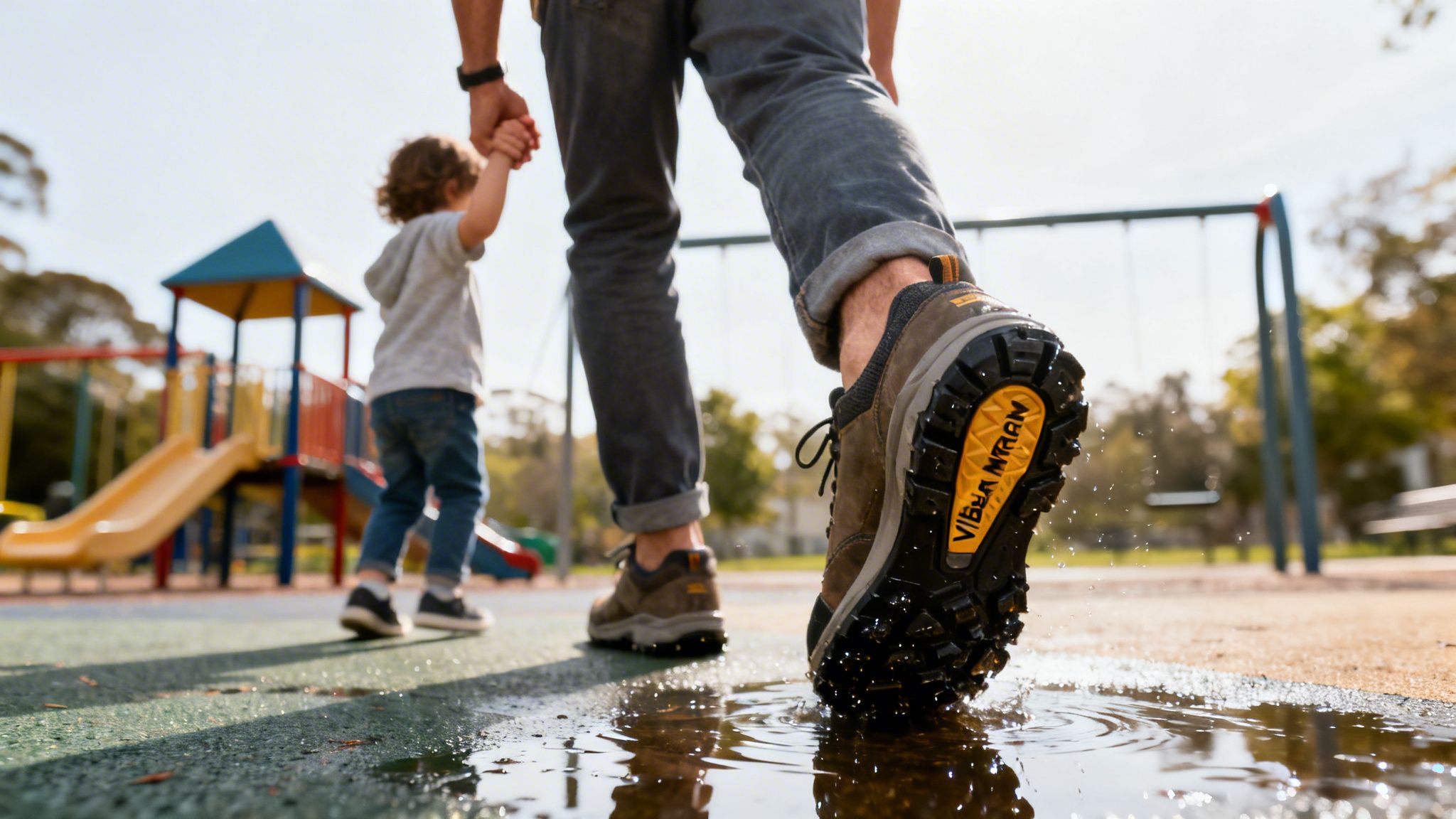 Close-up of a parent and child walking in a playground puddle, showing Vibram Megagrip boot sole.
