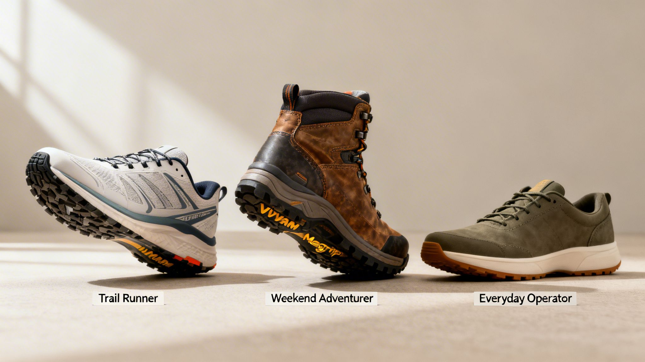 Three shoes: a white trail runner, a brown hiking boot with Vibram Megagrip soles, and a green everyday sneaker.