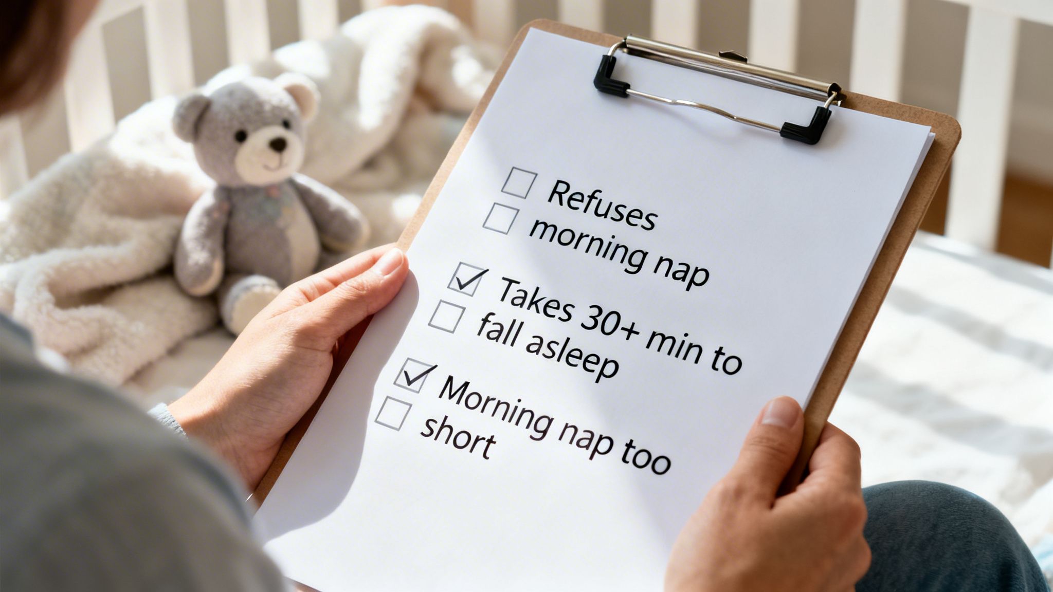 Hands hold a checklist on baby nap issues, showing two items checked, near a crib with a teddy bear.