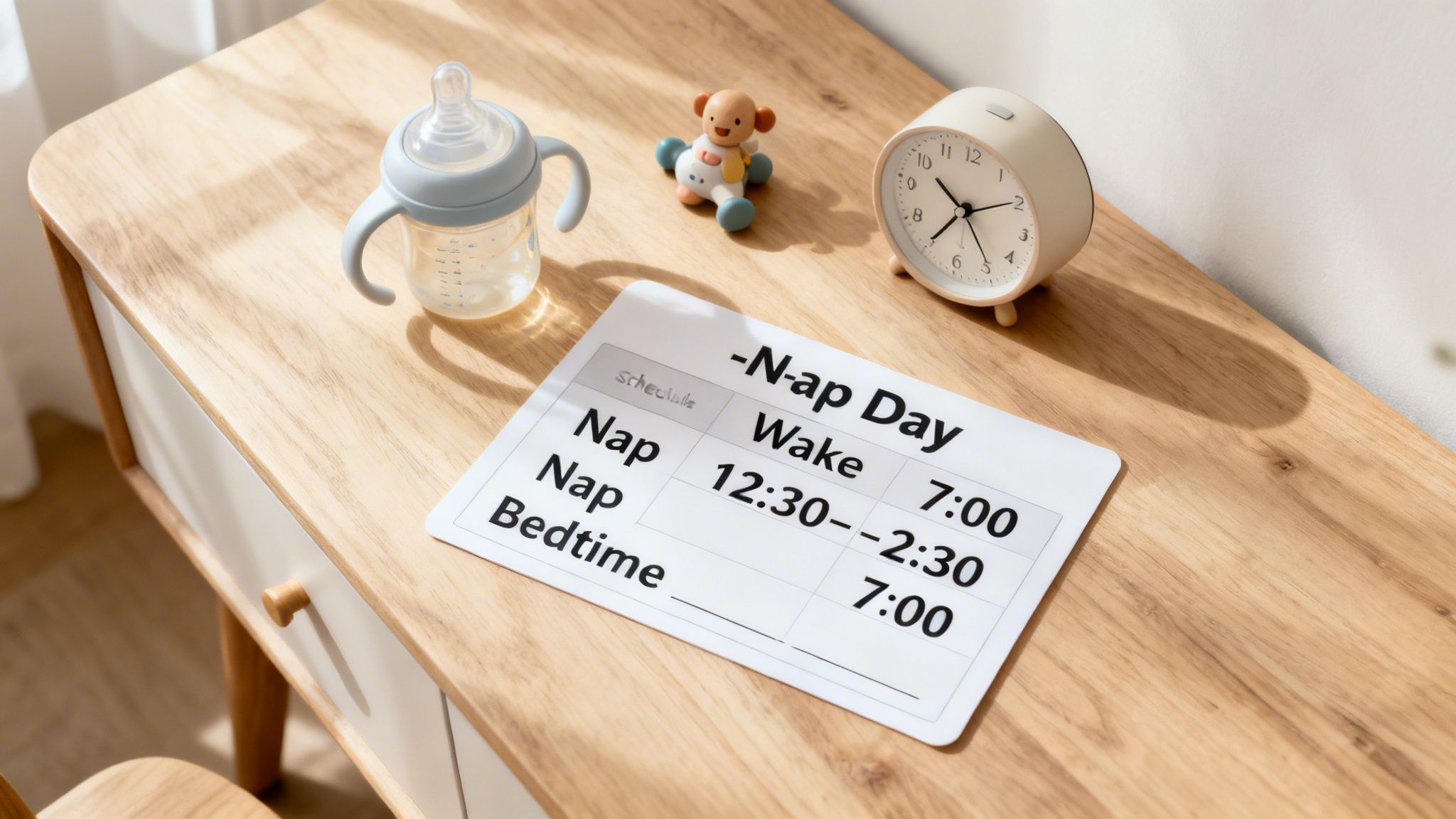 A baby bottle, toy, and alarm clock sit on a wooden table next to a nap schedule.