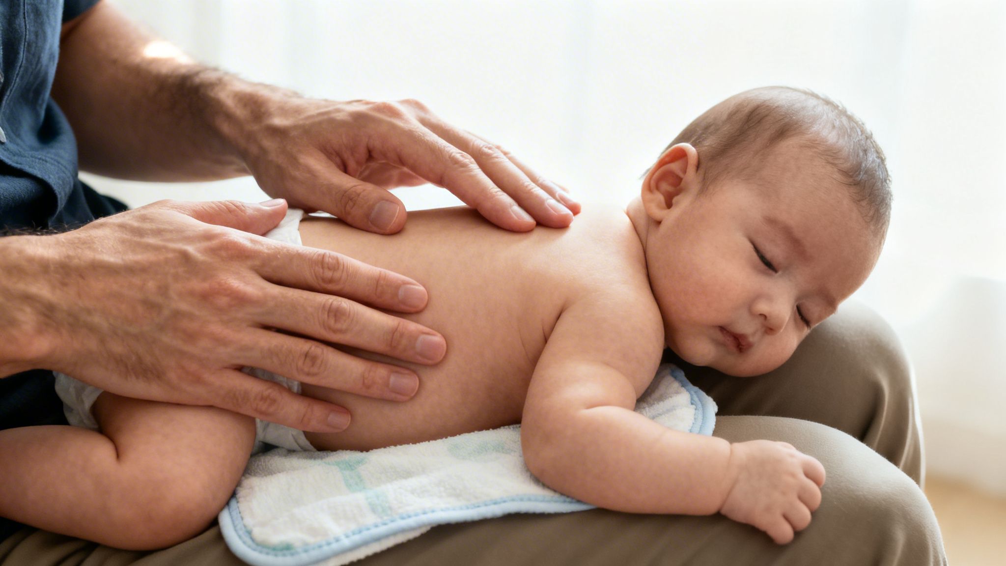 A parent gently pats the back of a sleeping baby, a common soothing technique.