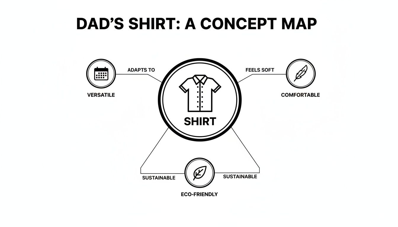 Concept map illustrating the qualities of Dad's shirt: versatile, comfortable, and sustainable.