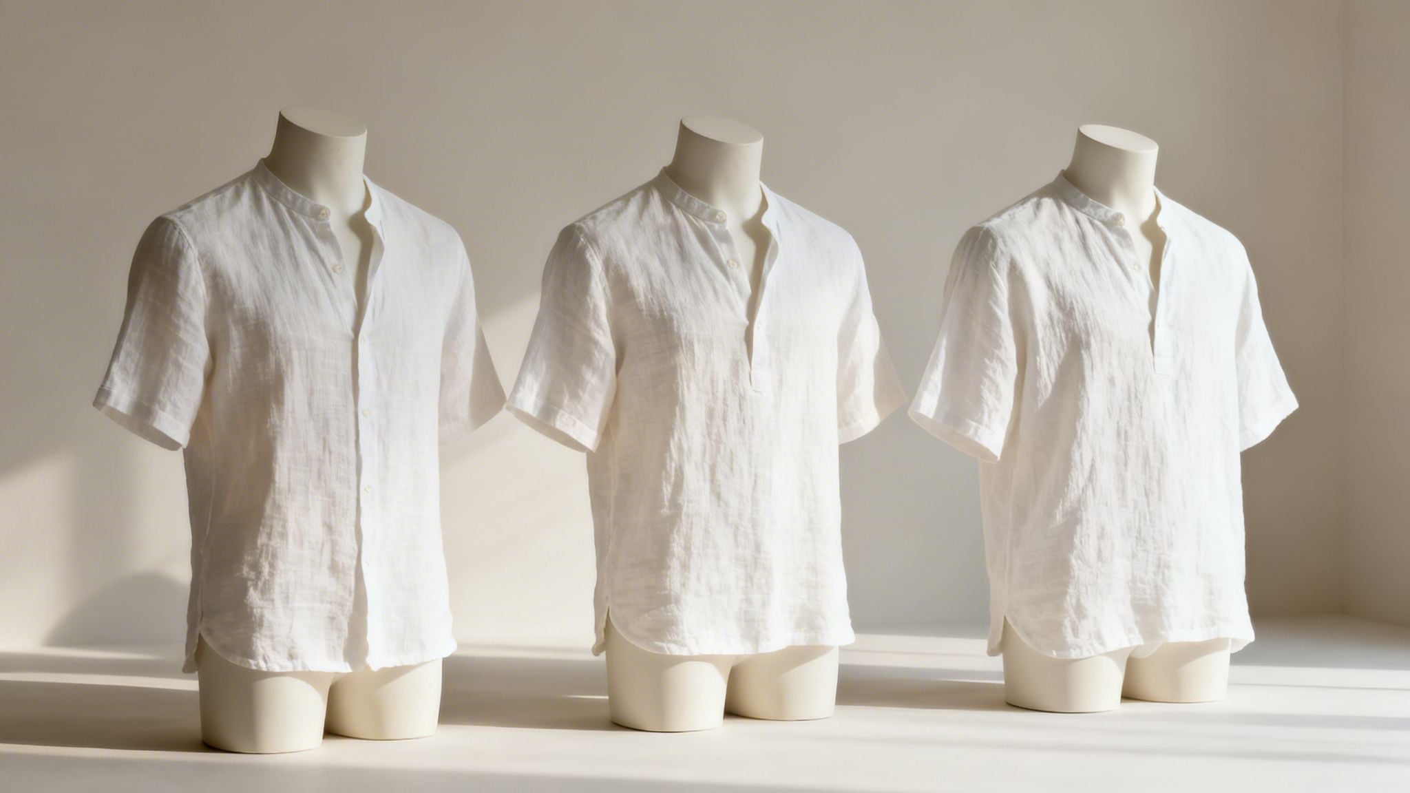 Three white linen short-sleeve shirts with band collars on mannequins in soft light.