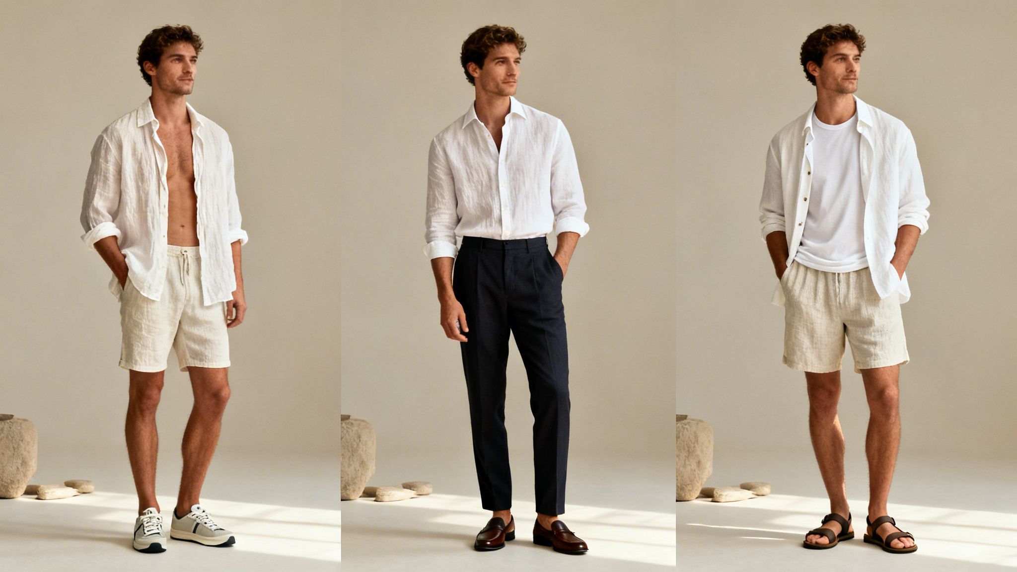 A man models three distinct summer outfits featuring white linen shirts and beige or navy bottoms.