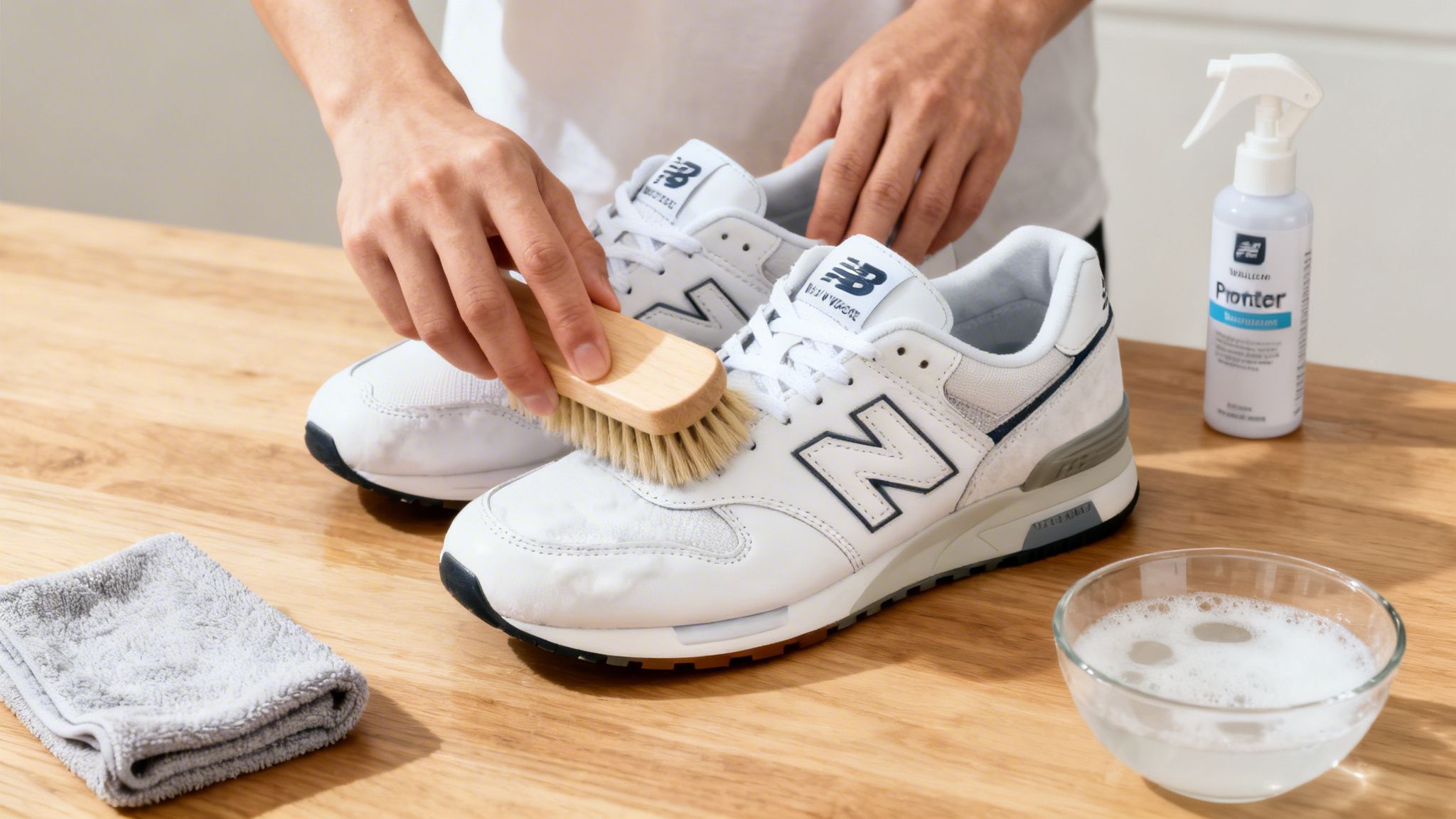 Person cleaning white New Balance sneakers with a brush and cleaning solution on a wooden table.