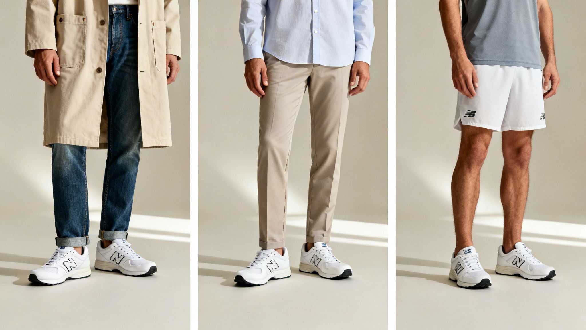 Three men showcase versatile white New Balance sneakers paired with diverse casual and athletic outfits.