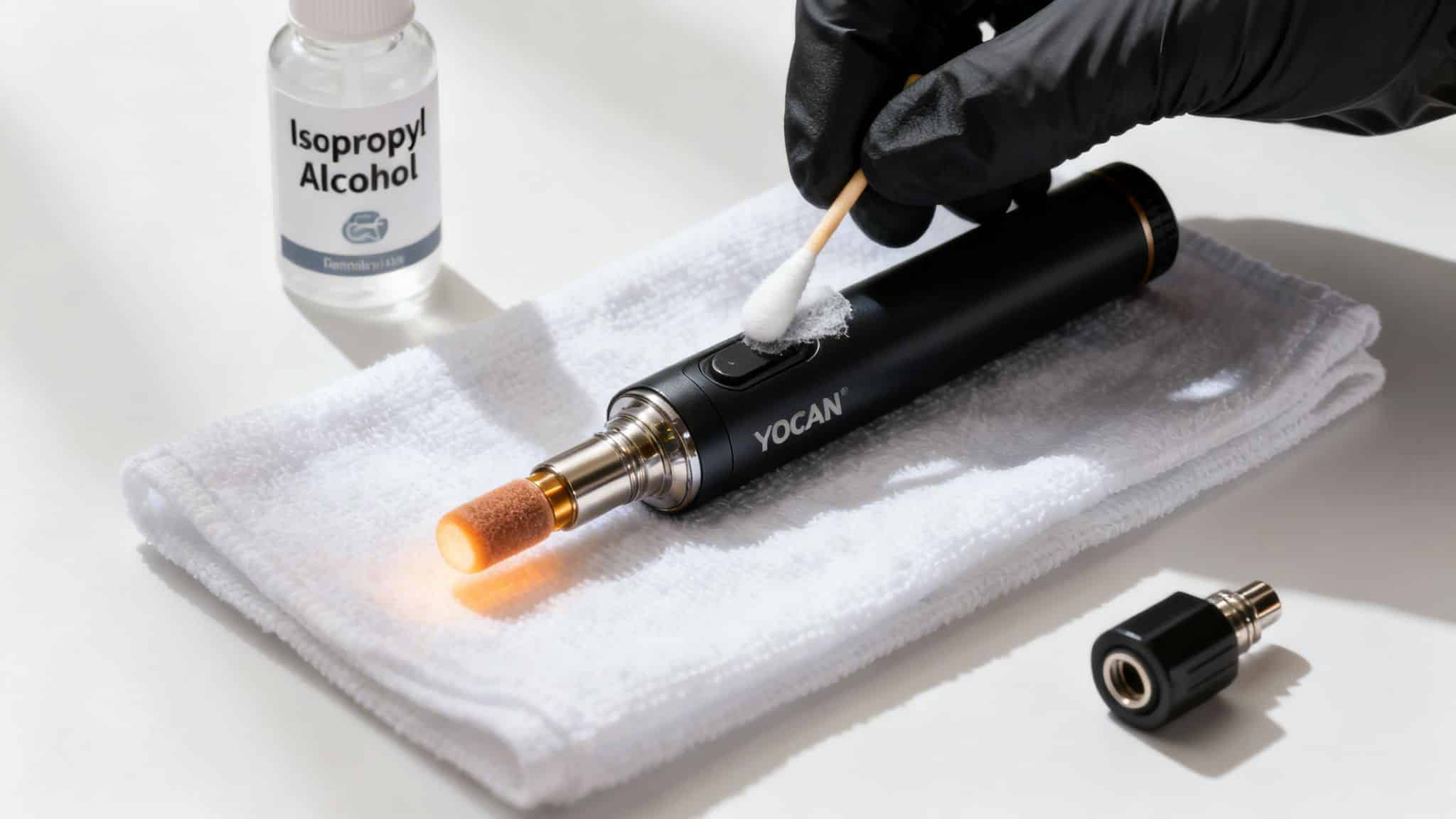 A gloved hand cleans a Yocan hot knife with a cotton swab and isopropyl alcohol on a white towel.