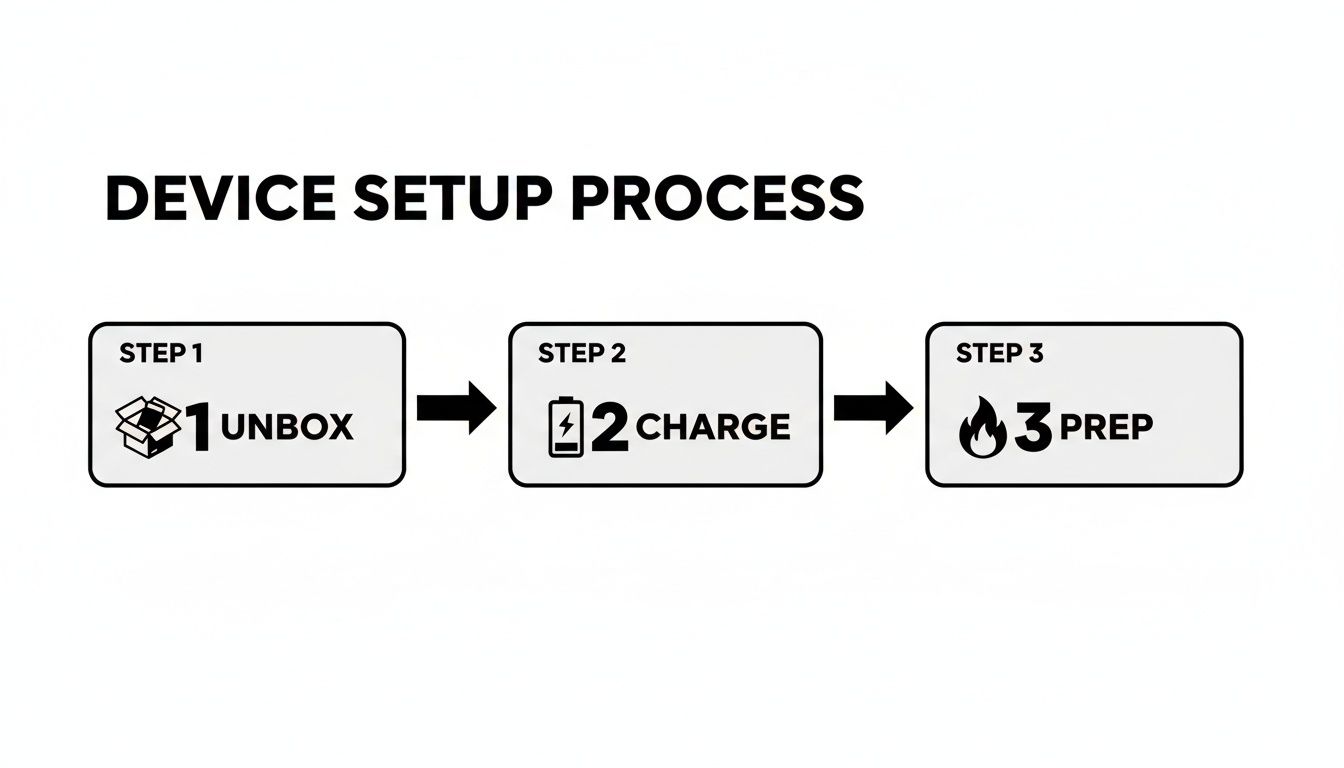 A three-step device setup process illustrated with icons: unbox, charge, and prep.