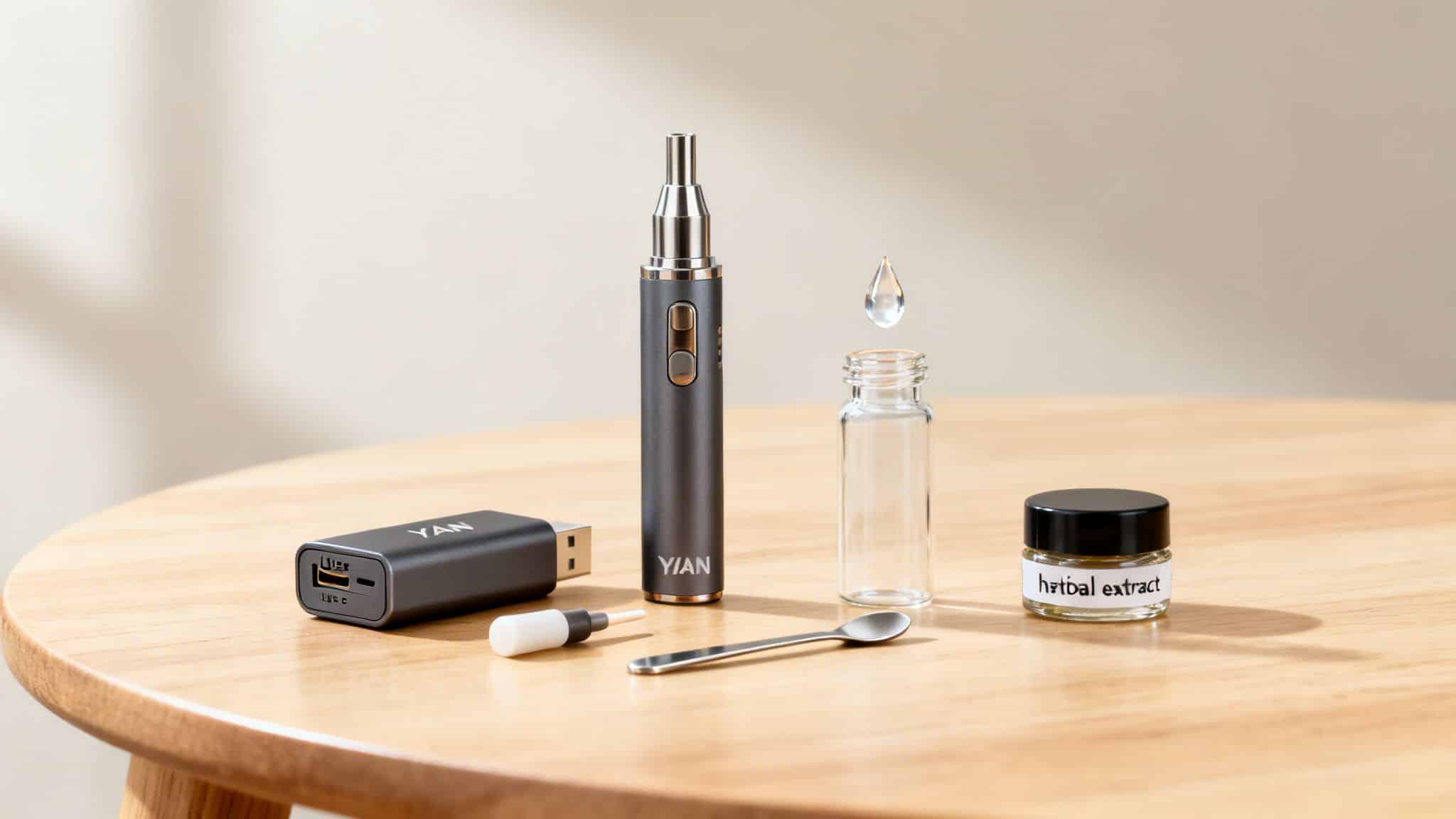 A grey YAN vape pen, power bank, herbal extract jar, and accessories on a wooden table.