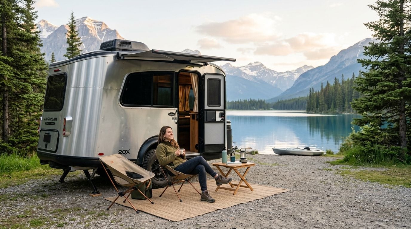 A woman relaxes in a camp chair outside an Airstream Basecamp 20X trailer by a mountain lake.