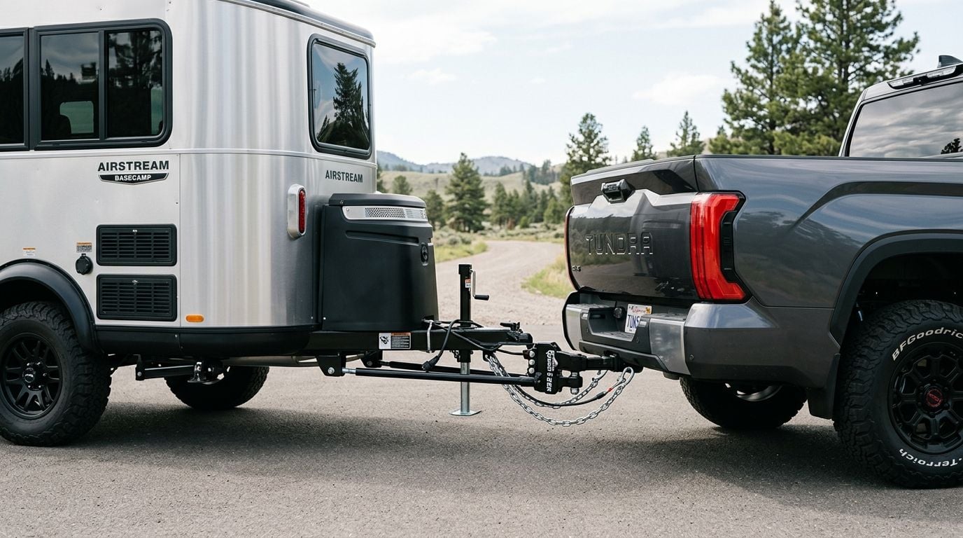 A gray Toyota Tundra truck towing an Airstream Basecamp 20X travel trailer on a paved road.